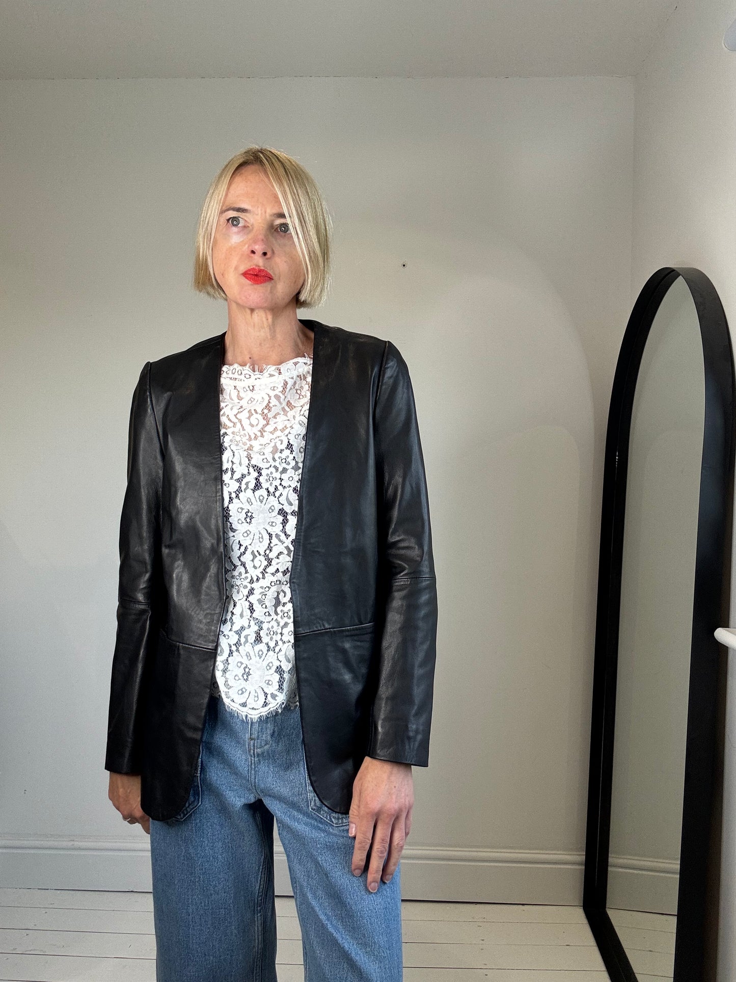 Leather collarless blazer