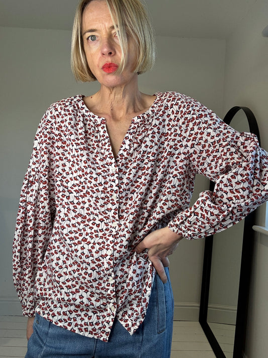 cotton voile woodblock printed blouse women's preloved