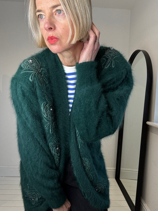 vintage angora fluffy lined aplique beaded embellished cardigan women's green preloved