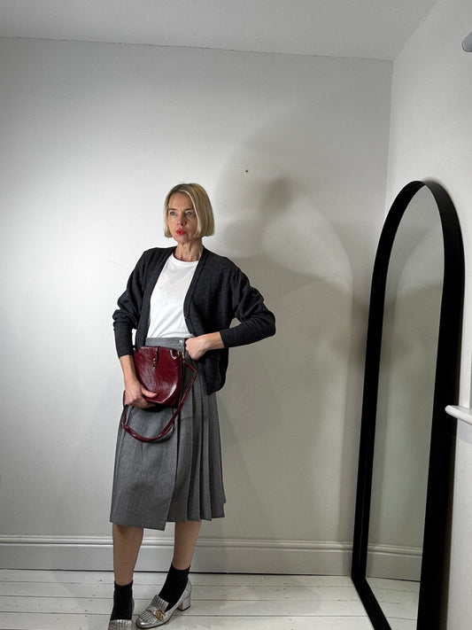 jaeger vintage grey wrap wool pleated kilt skirt women's