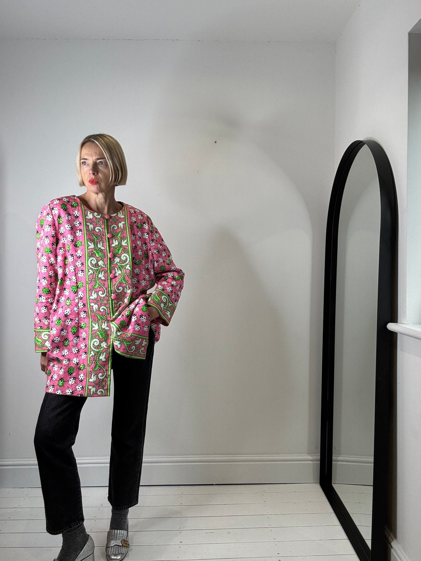 Unique lady bug collarless jacket