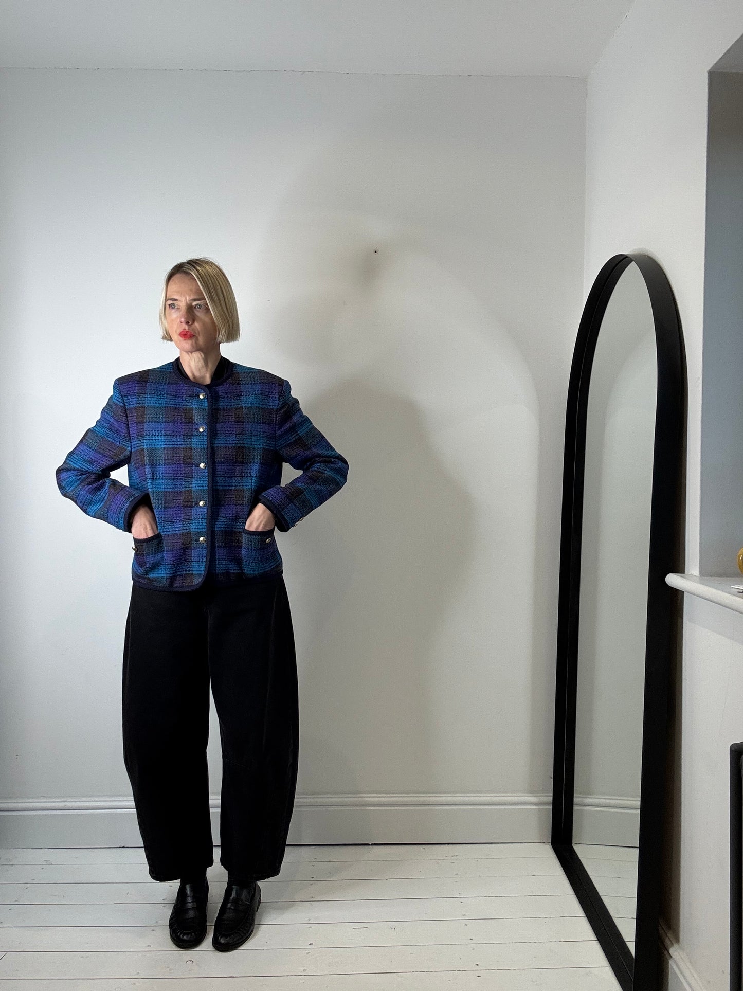 VINTAGE collarless check jacket