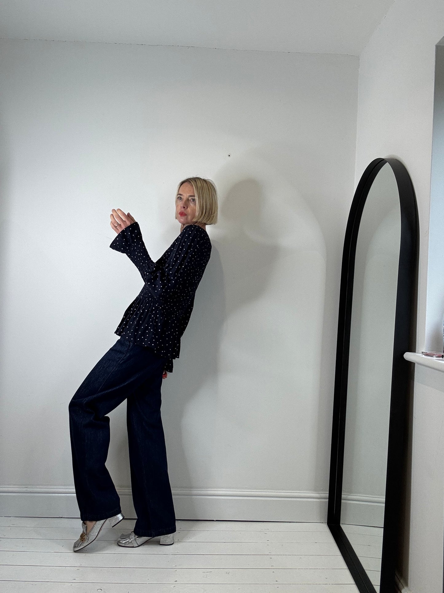 Spot print long sleeve crepe top