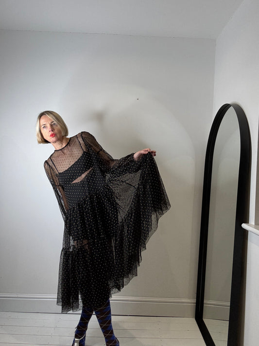 Spot mesh tiered sheer dress