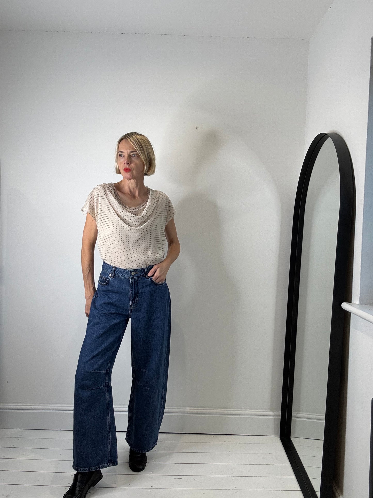 HOSS flocked spot cowl neck top