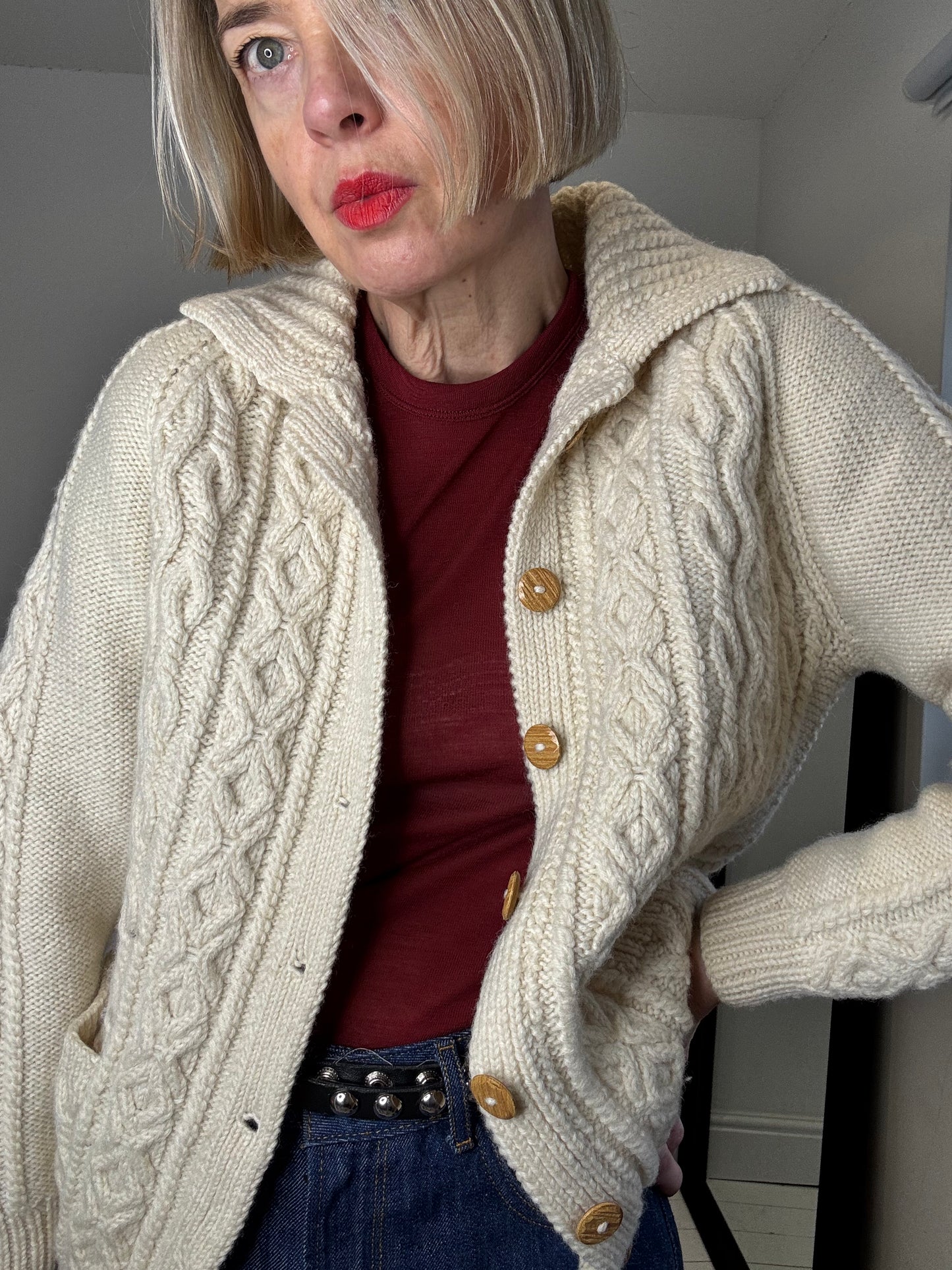 HANDKNIT cable collar cardigan