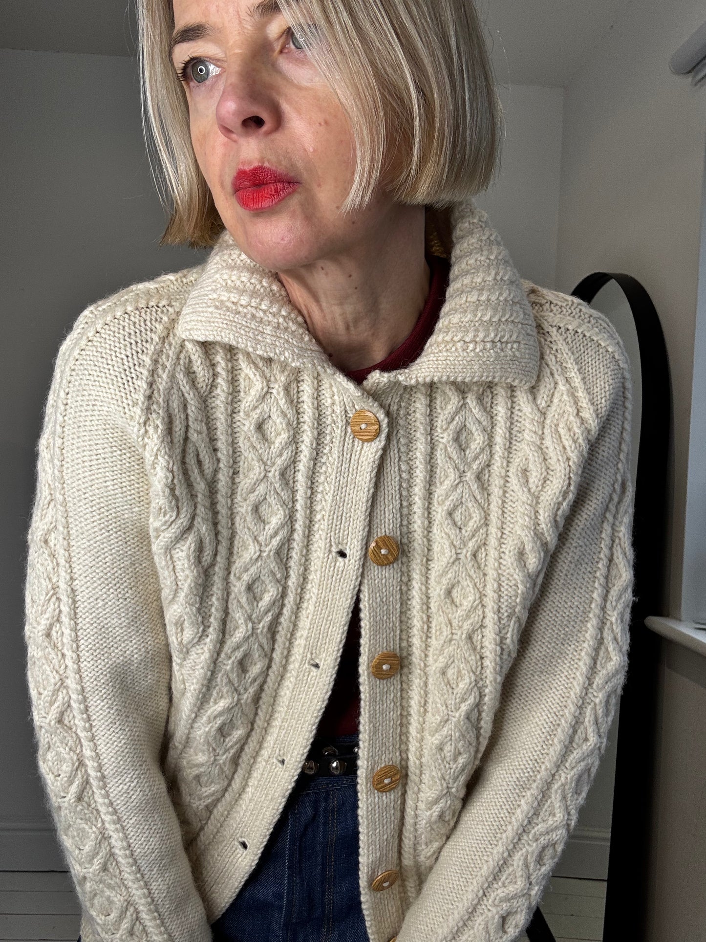 HANDKNIT cable collar cardigan