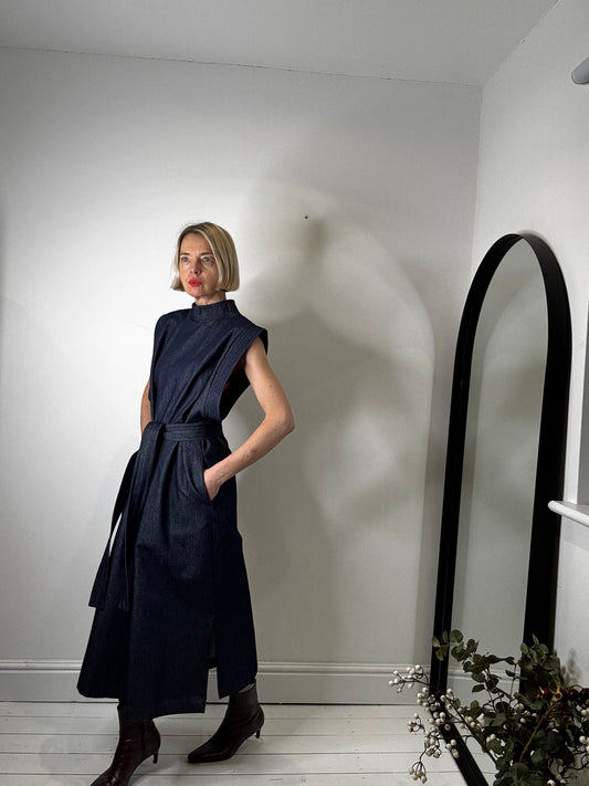 Julia Allert rigid indigo denim dress designer unique belted size xl women's preloved
