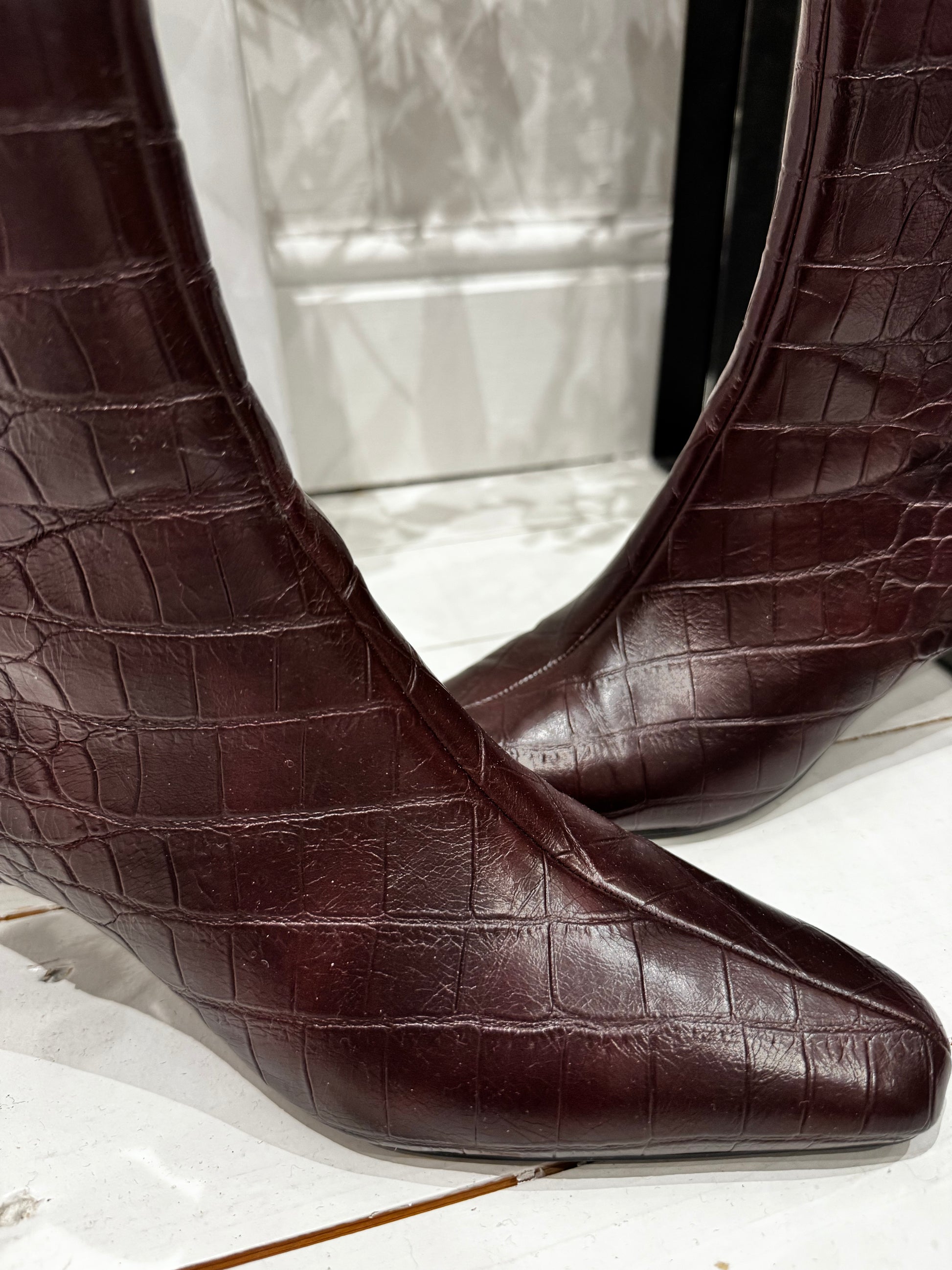 chocolate brown burgandy mock croc ankle boots m&s size 6 39 women's preloved shoes boots