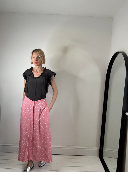 pink spotty polka dot midi skirt pockets women's preloved secondhand
