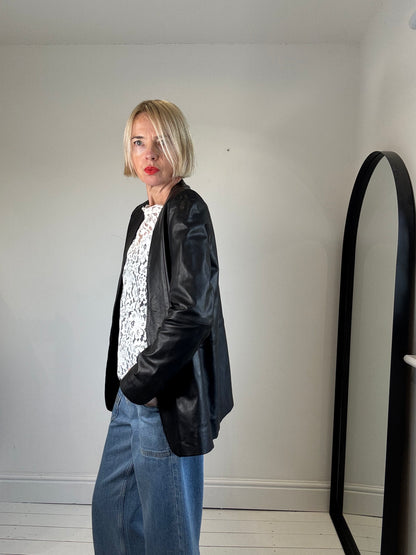Leather collarless blazer