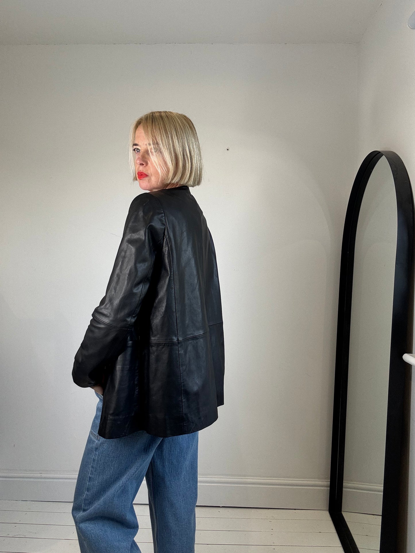 Leather collarless blazer