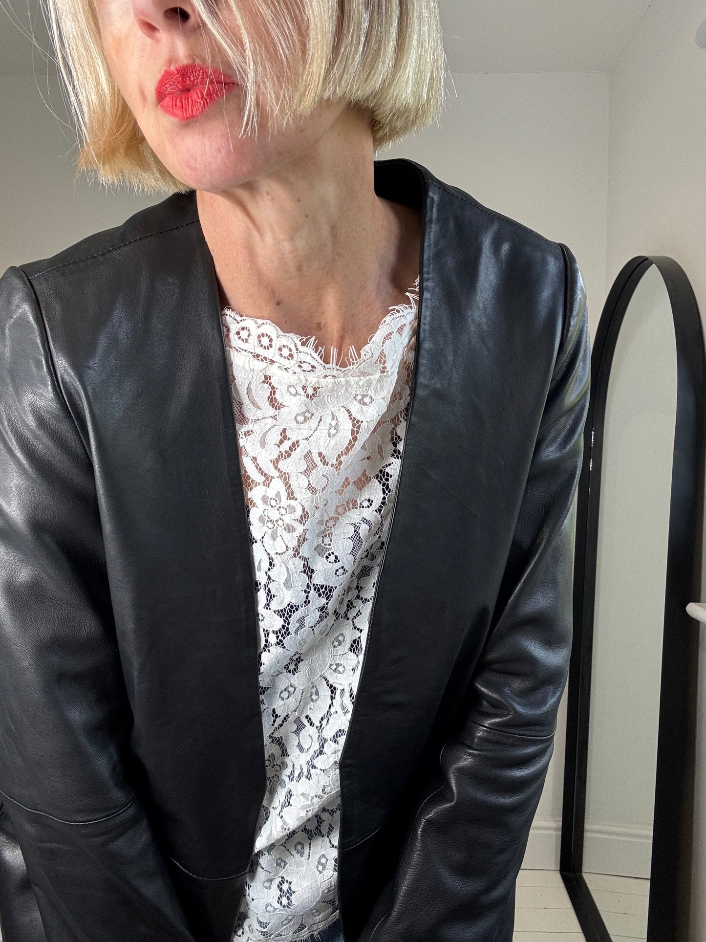 Leather collarless blazer