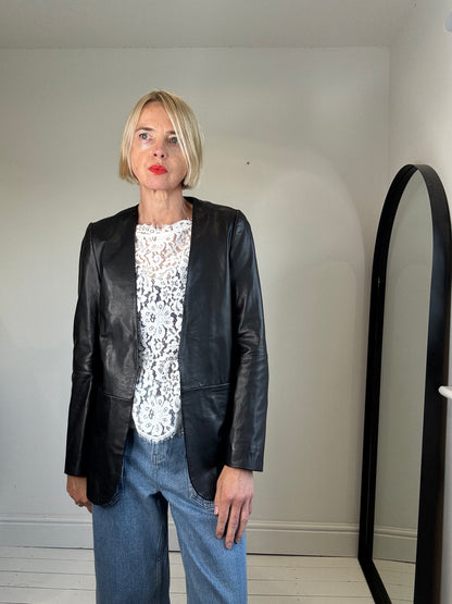 Leather collarless blazer