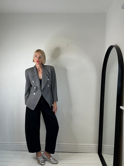 Vintage Ports International grey wool blazer with a cinched waist and two rows of buttons, front view