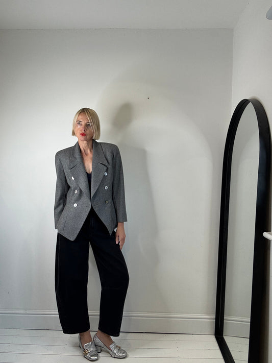 Vintage Ports International grey wool blazer with a cinched waist and two rows of buttons, front view