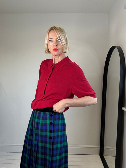 VINTAGE velvet button check pleat skirt