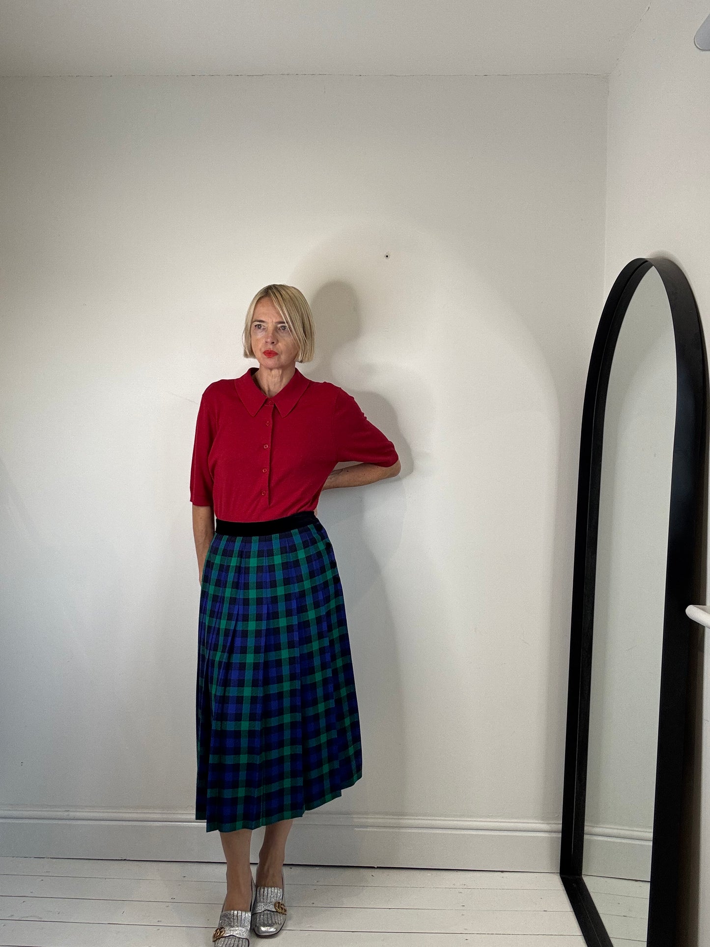 VINTAGE velvet button check pleat skirt
