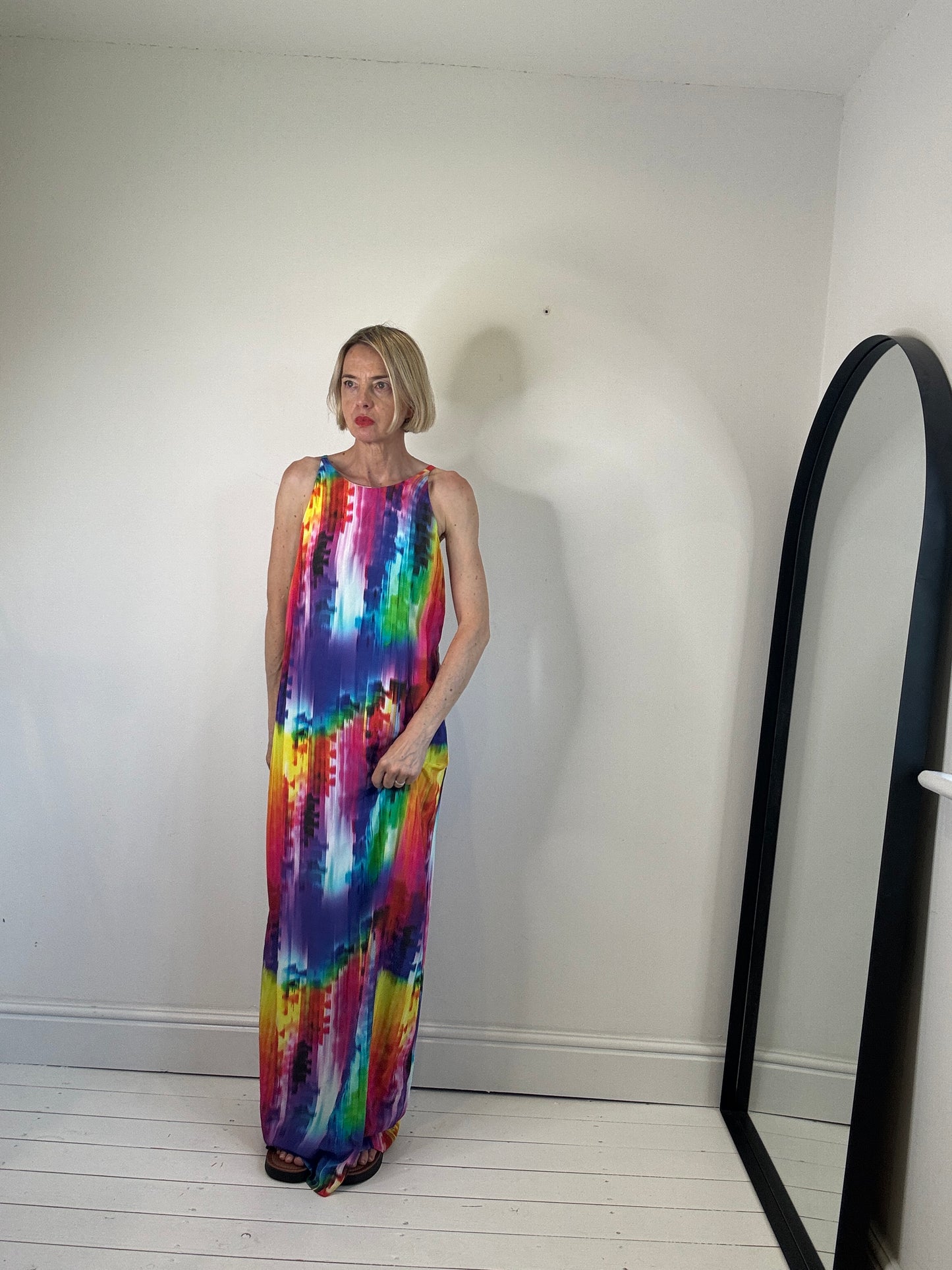 women's preloved maxi strappy dress rainbow multicoloured kaleidoscope size 12 second hand occasion wear dressing 
