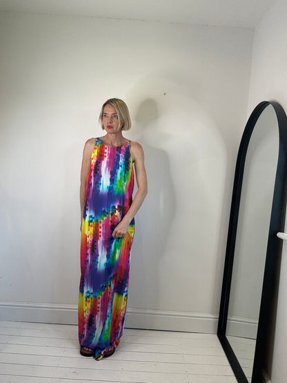 women's preloved maxi strappy dress rainbow multicoloured kaleidoscope size 12 second hand occasion wear dressing 