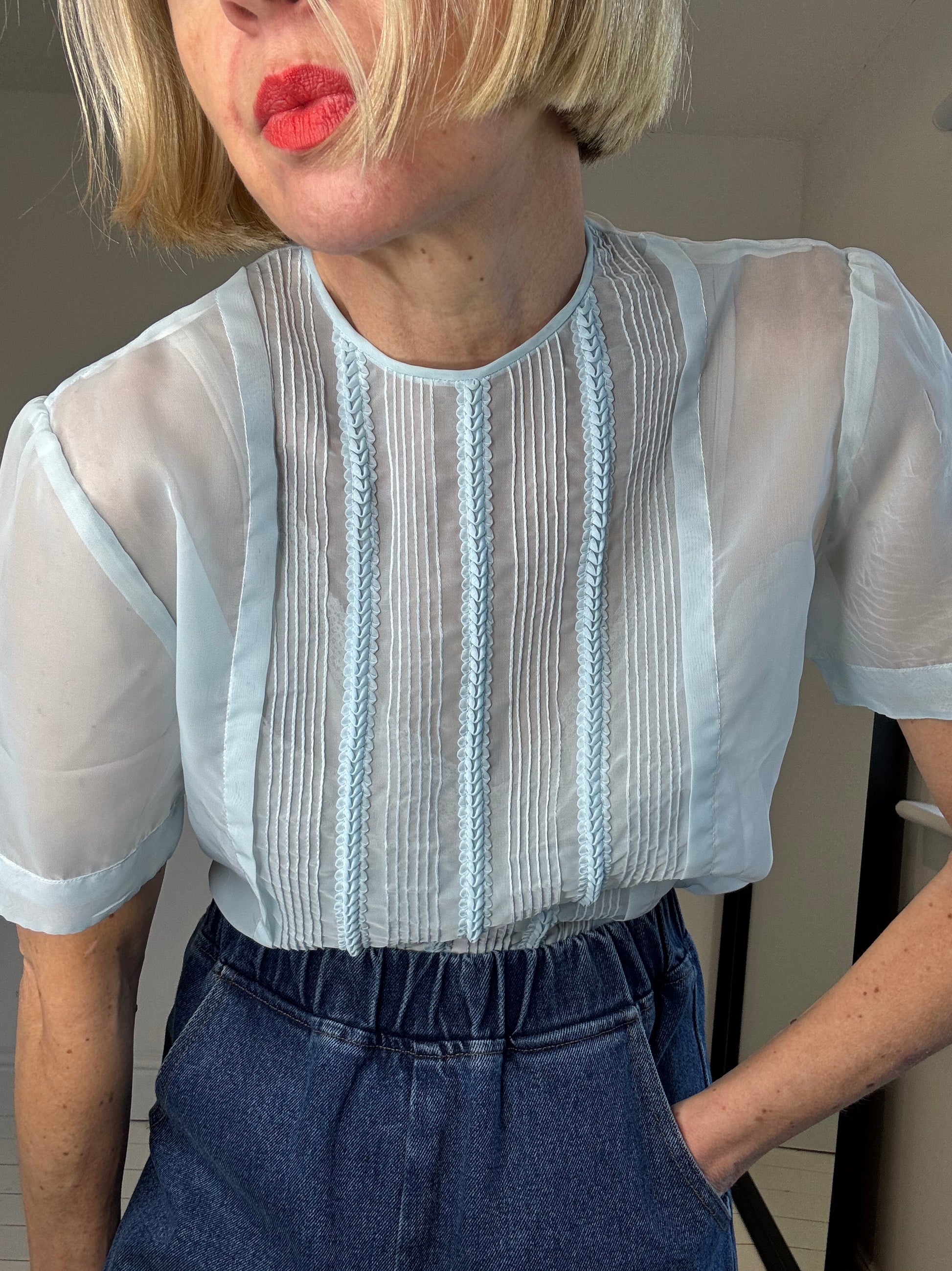 vintage sheer pale blue round neck blouse women's 60's 