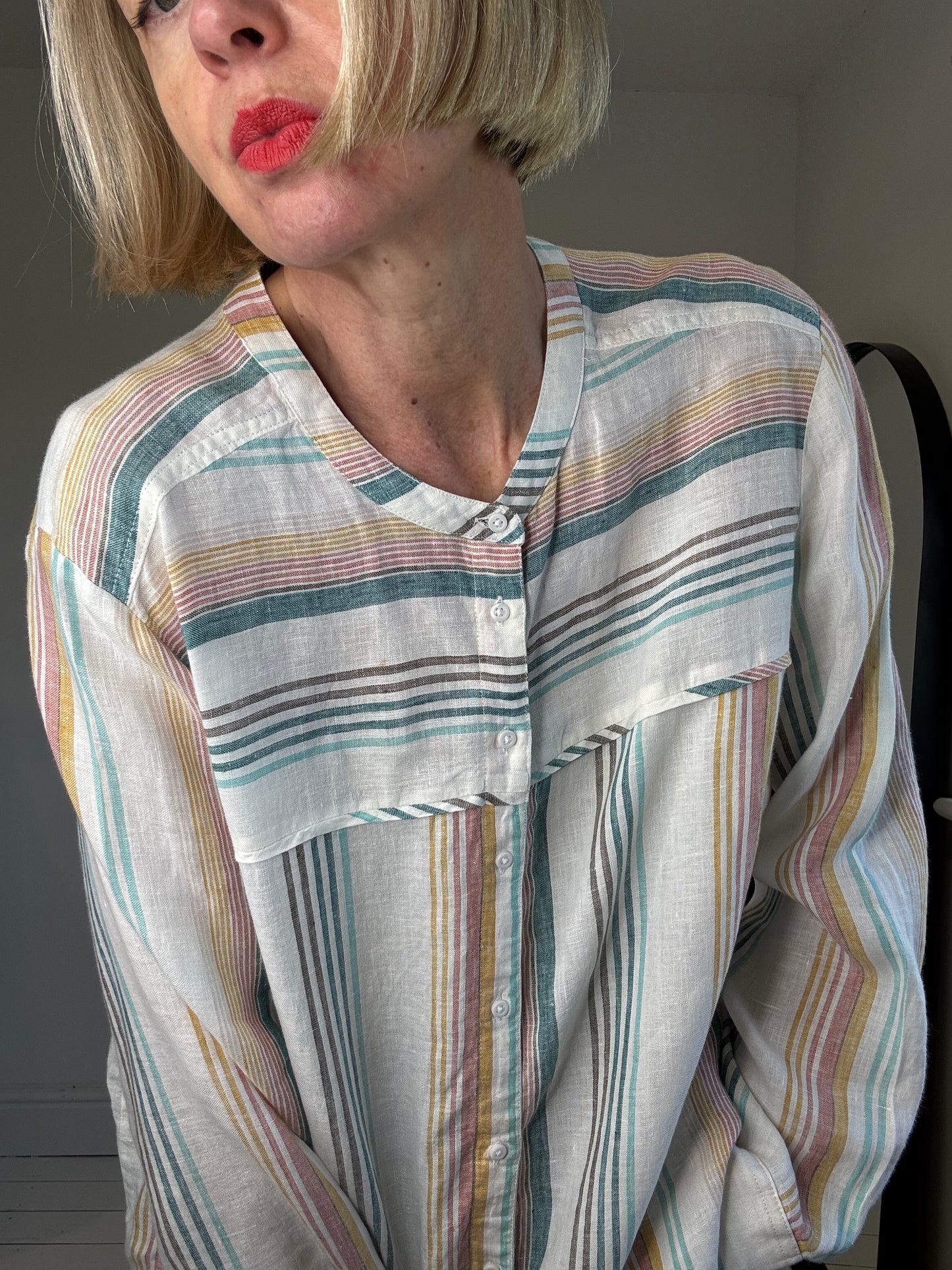 variegated stripe flax linen grandad collar shirt preloved size 16 women's clothing shopping fashion style