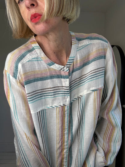 variegated stripe flax linen grandad collar shirt preloved size 16 women's clothing shopping fashion style
