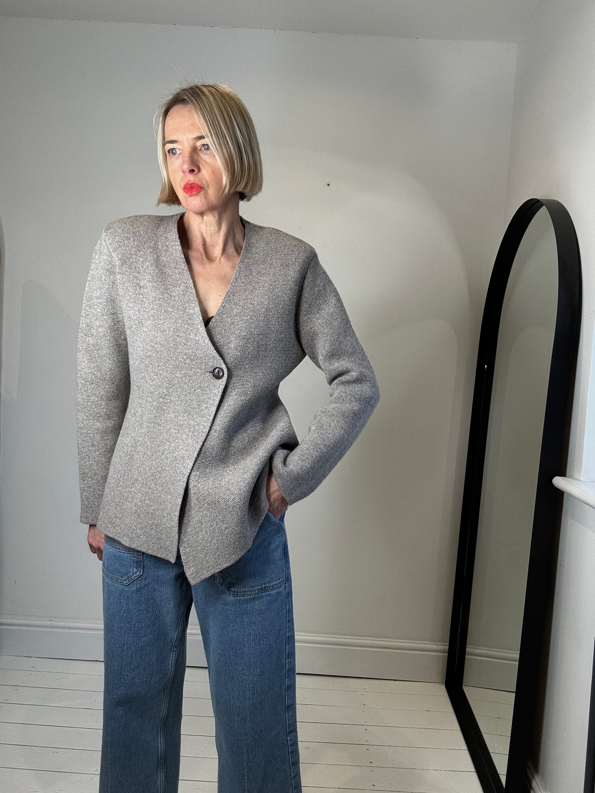 collarless Georgia Toffolo asymmetric cardigan collarless molded shoulder ss26 fashion women's 
