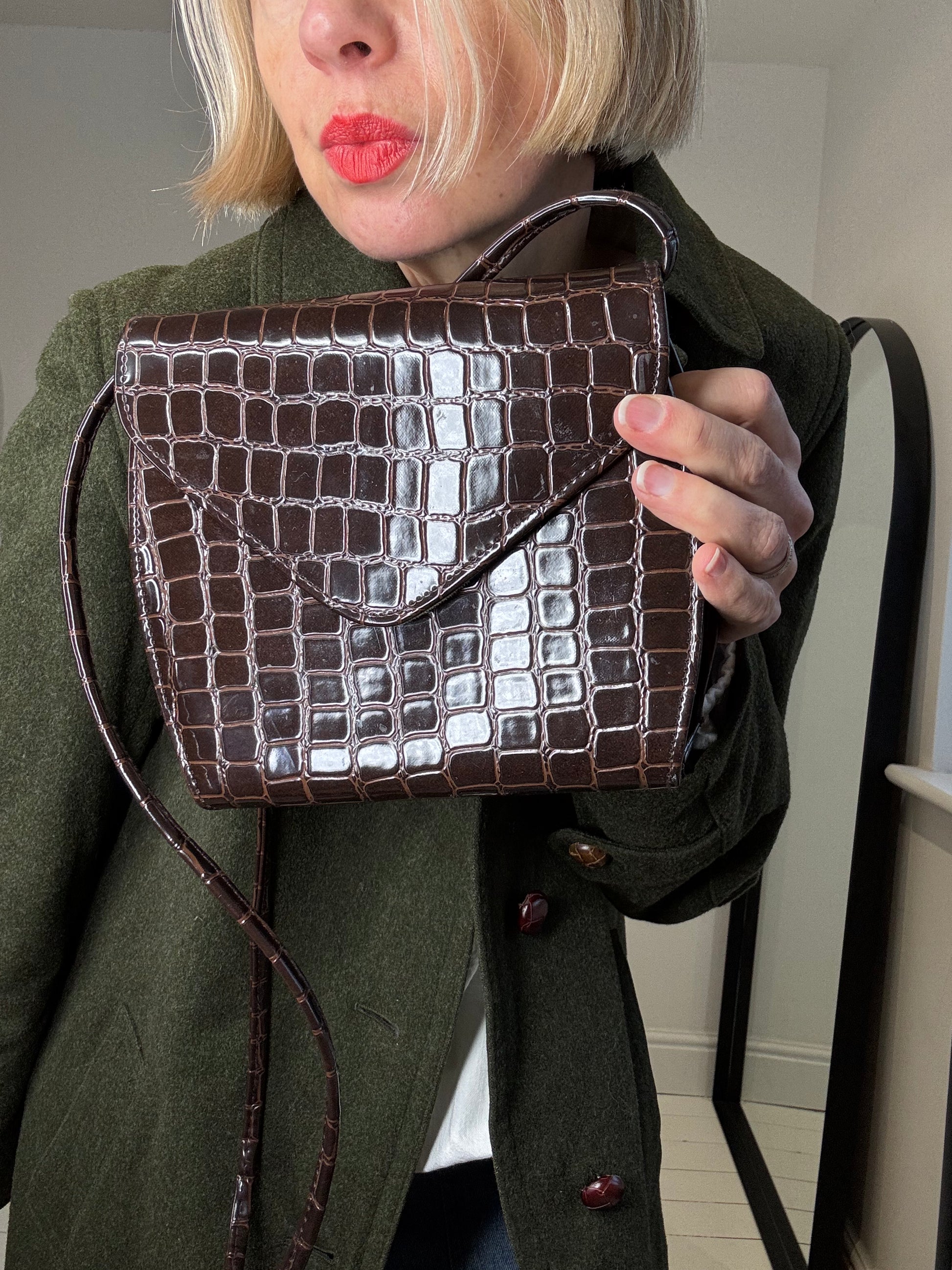 Chocolate mock croc handbag shoulder bag cross body bag women's vintage preloved