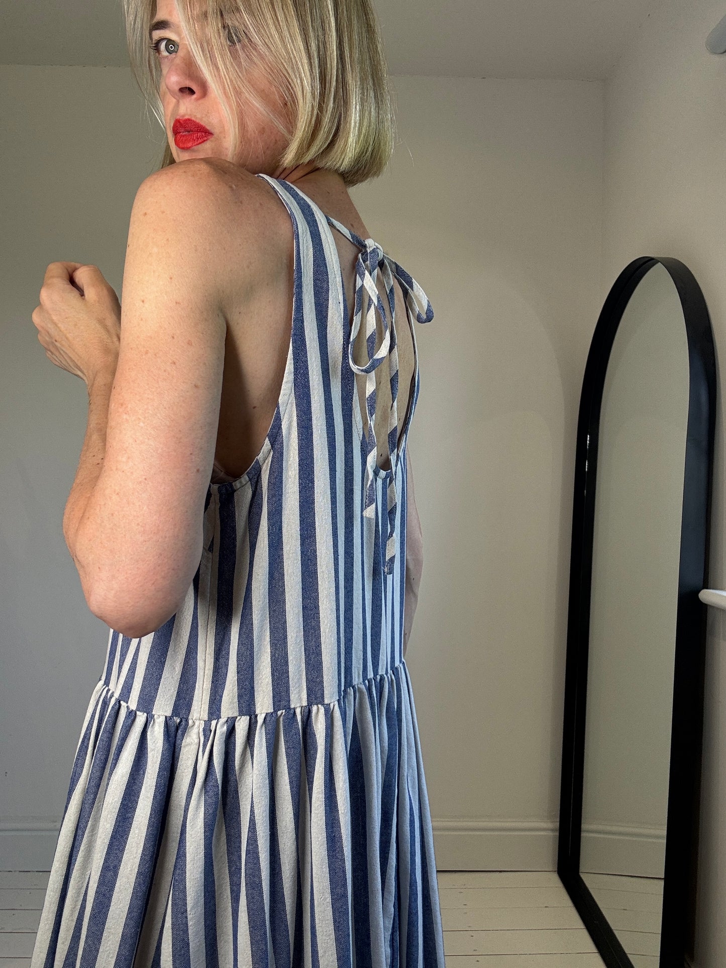 Vertical stripe tie back dress