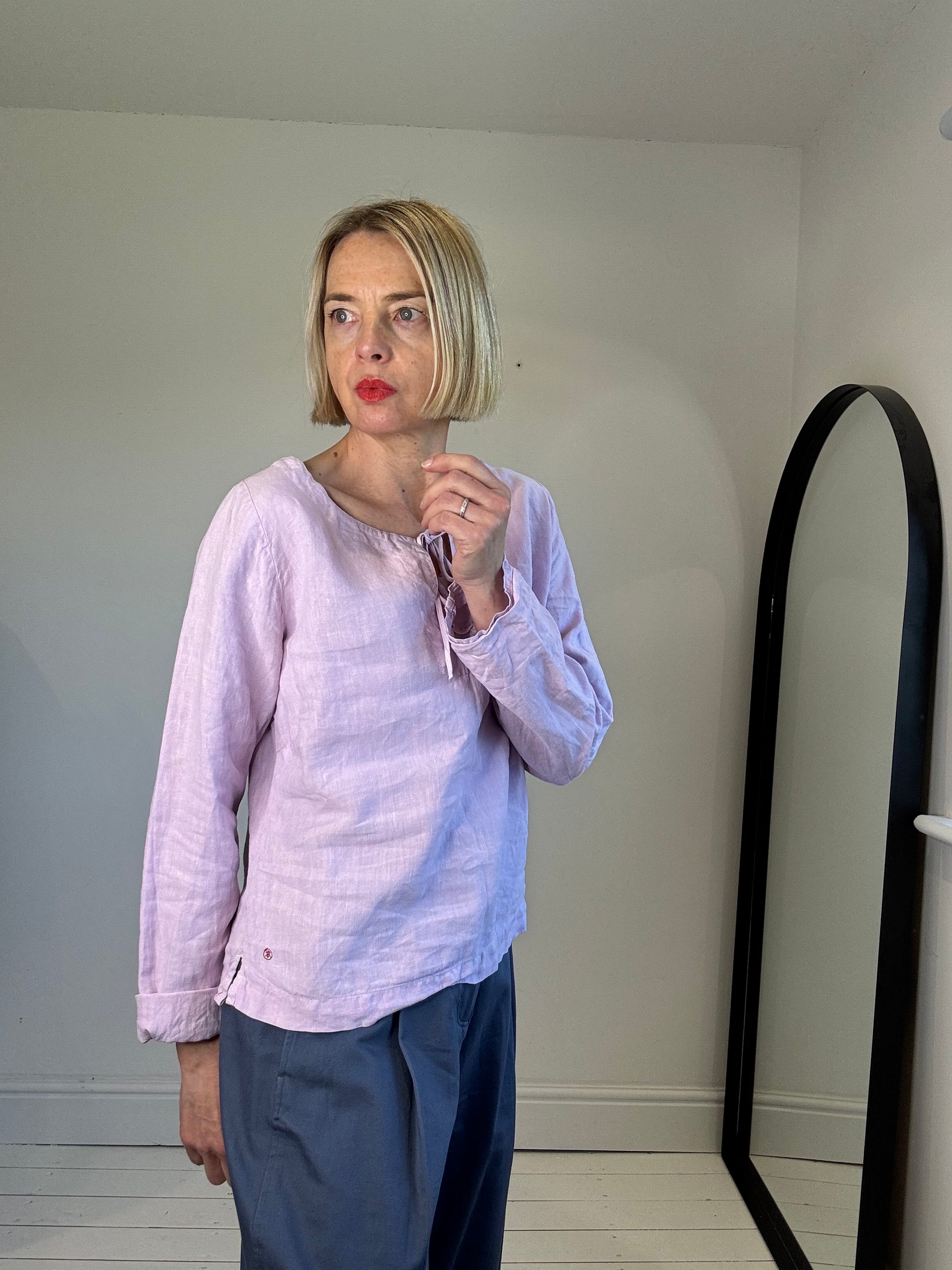 linen smock top blouse tie neck blouse lilac women's preloved long sleeves
