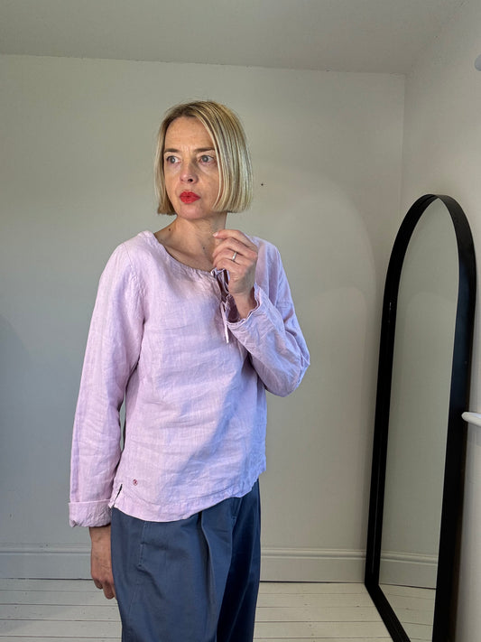 linen smock top blouse tie neck blouse lilac women's preloved long sleeves