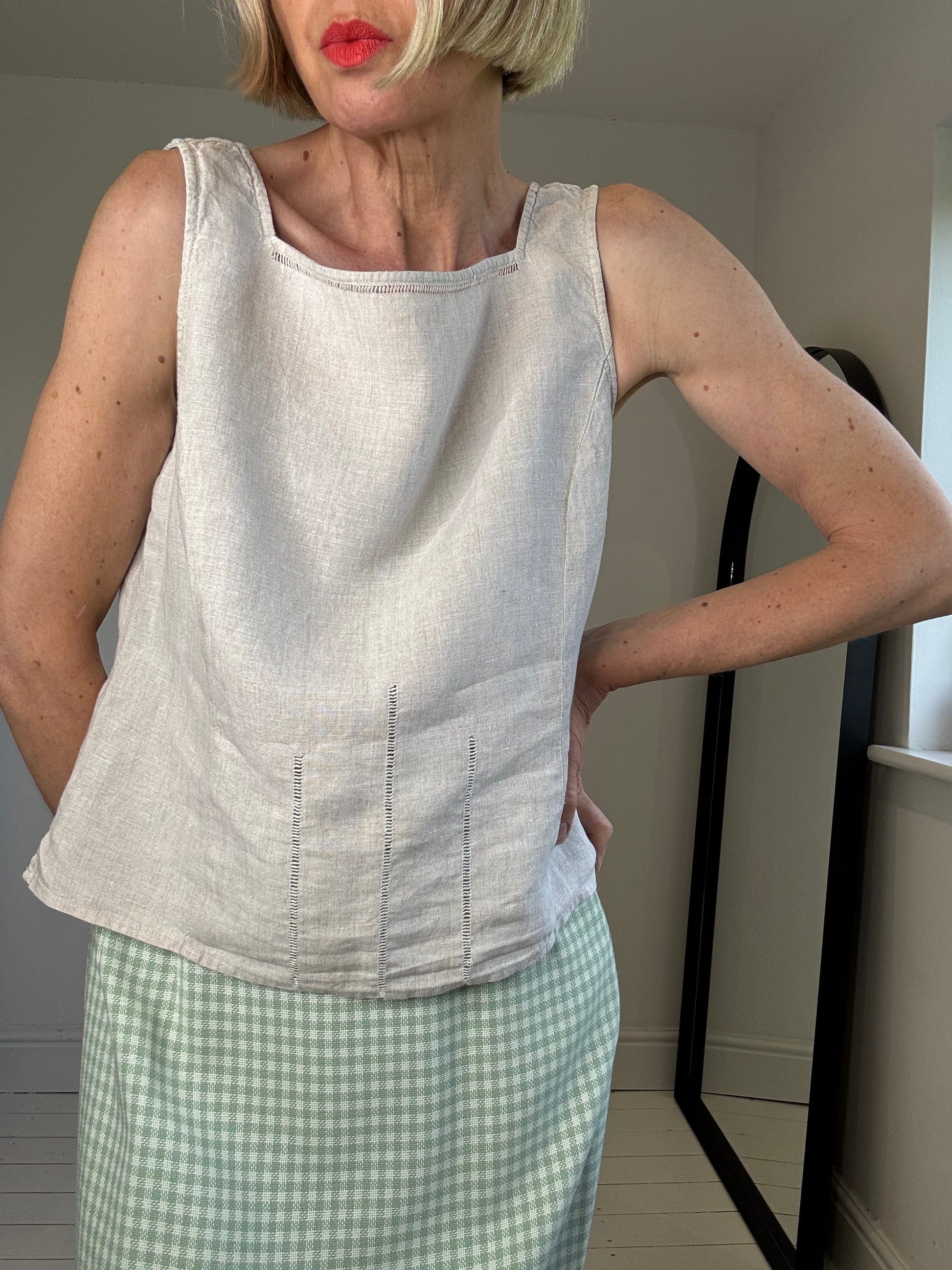 vintage linen suare neck faggot insert women's top natural 