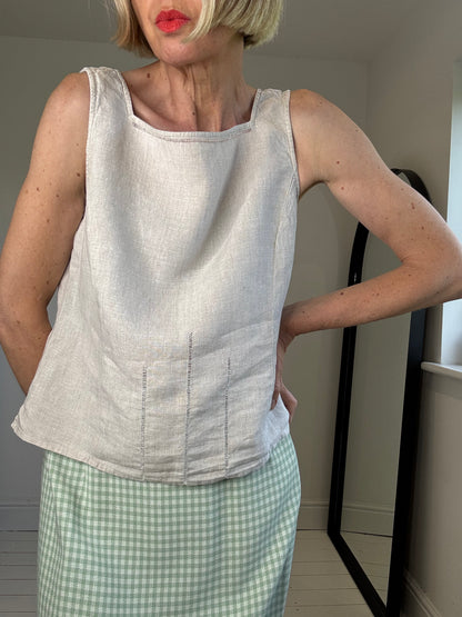 vintage linen suare neck faggot insert women's top natural 