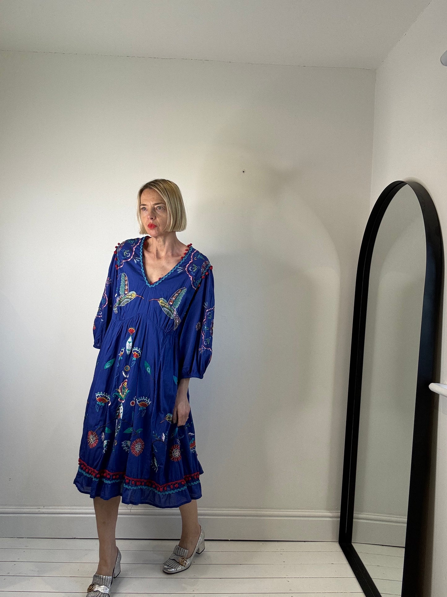 Monsoon floral bird dress blue dress embroidered humming bird women's secondhand dresses