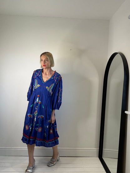 Monsoon floral bird dress blue dress embroidered humming bird women's secondhand dresses