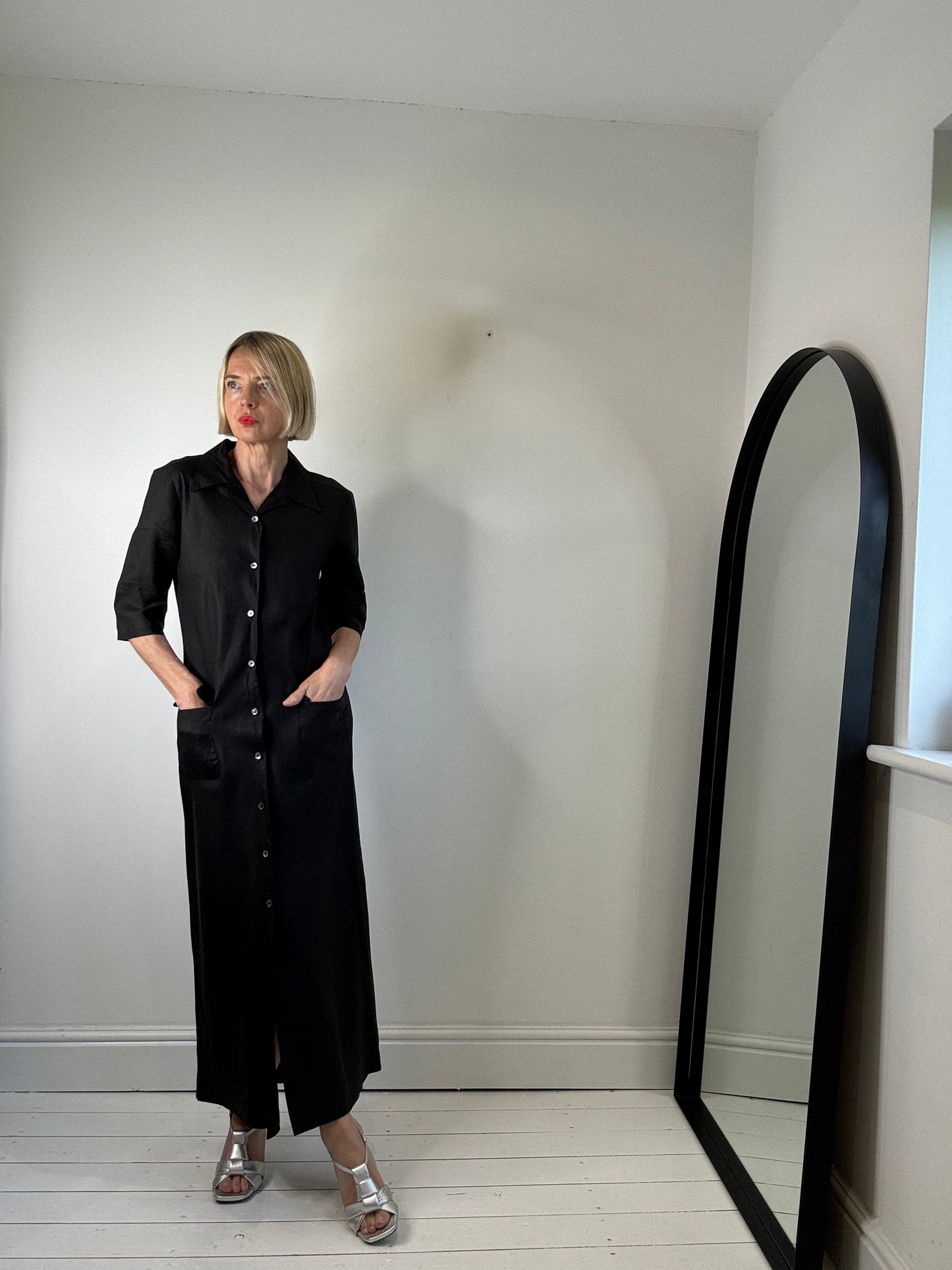 vintage nicole farhi linen dress bias cut black long dress workwear women's office smart black dress preloved
