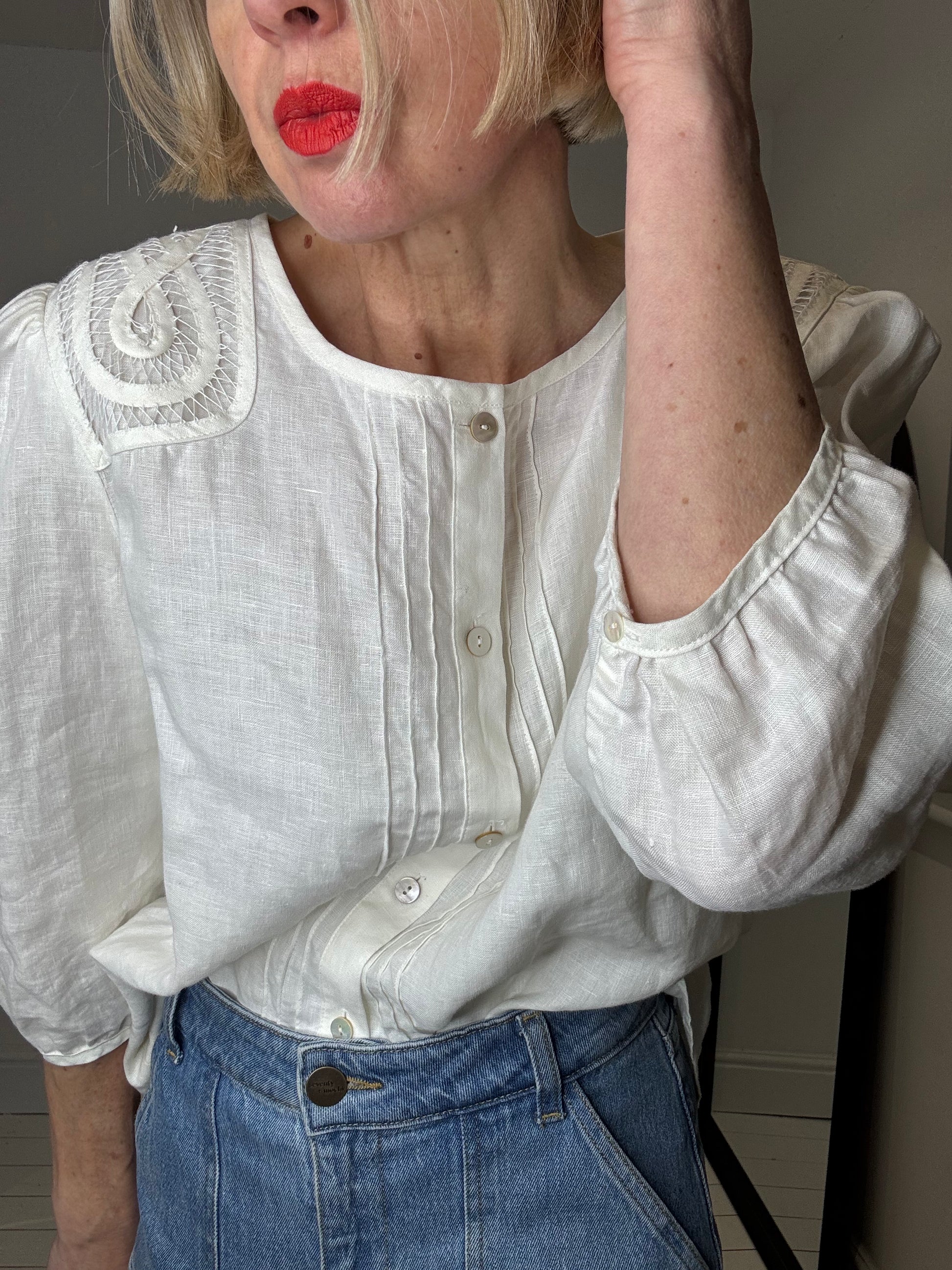 vintage linen blouse crewel work pintucking collarless button through ivory women's vintage