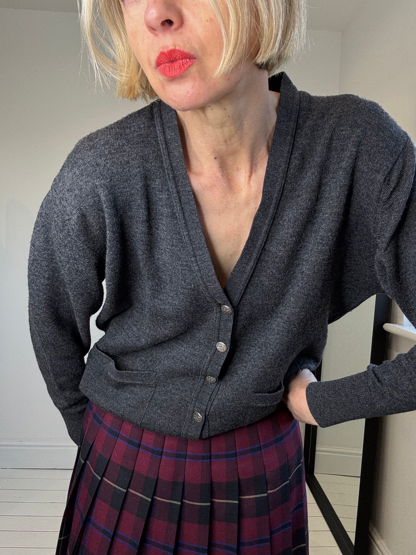 vintage lambswool women's cardigan charcoal grey size 10 size 12