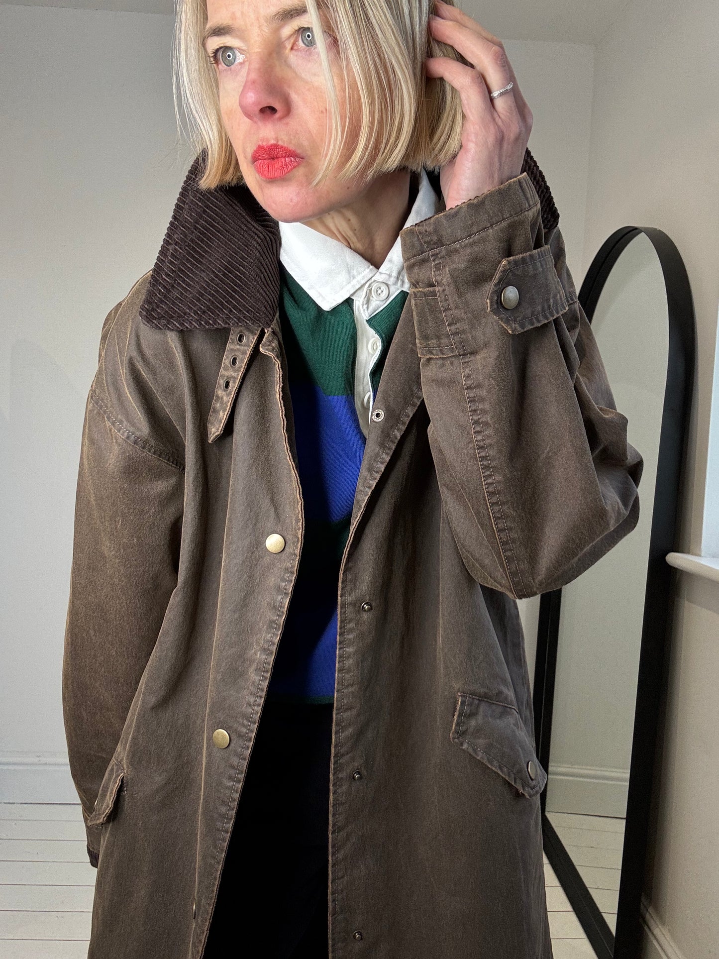 waxed jacket corduroy collar brown long coat women's preloved