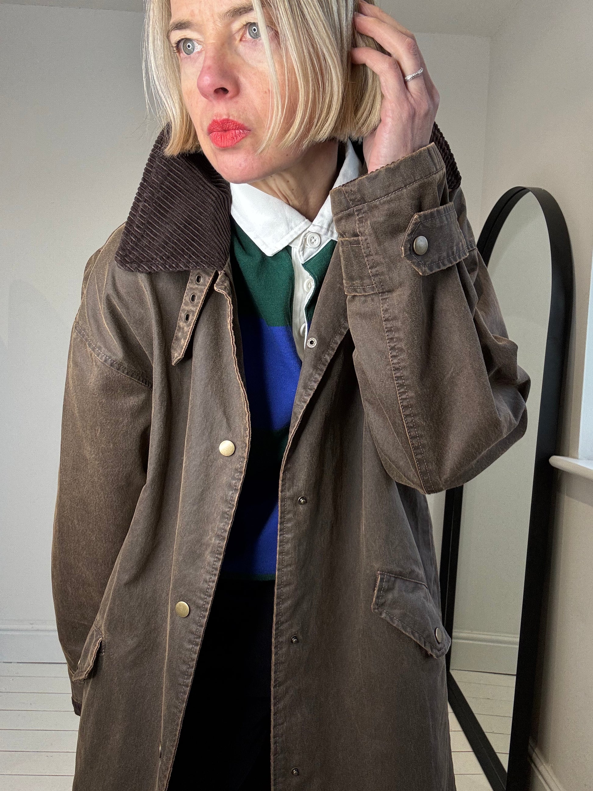 waxed jacket corduroy collar brown long coat women's preloved