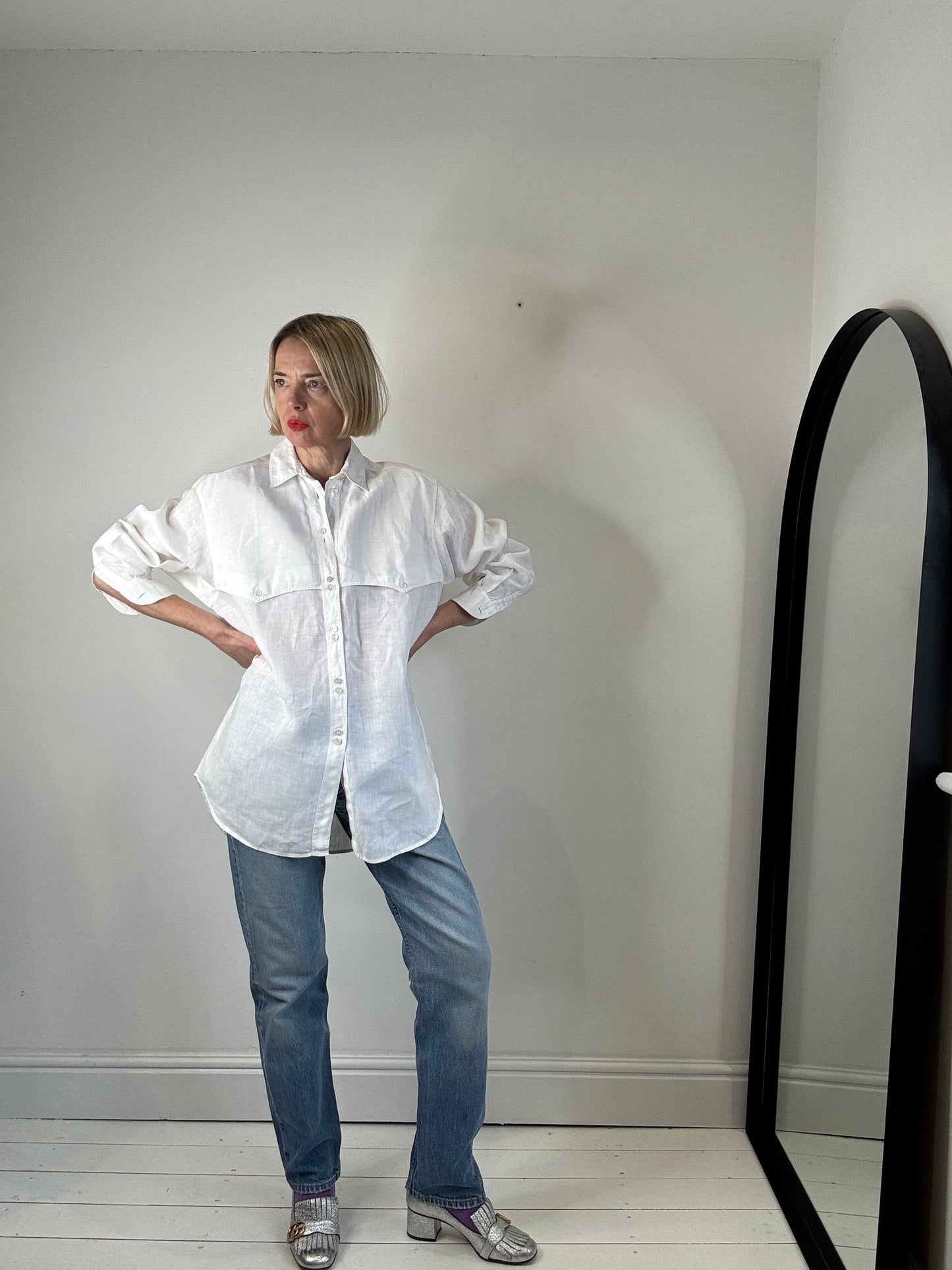 vintage Jaeger white linen button through shirt women's preloved made in Britain