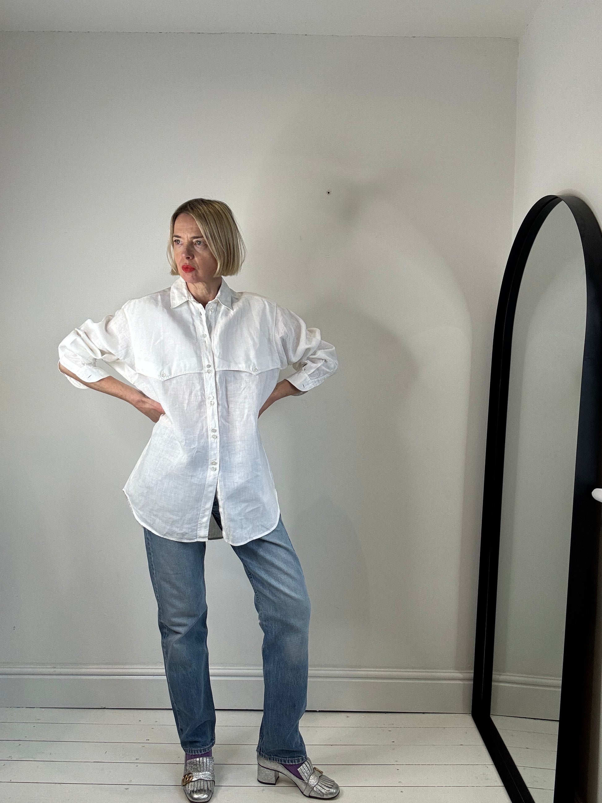 vintage Jaeger white linen button through shirt women's preloved made in Britain