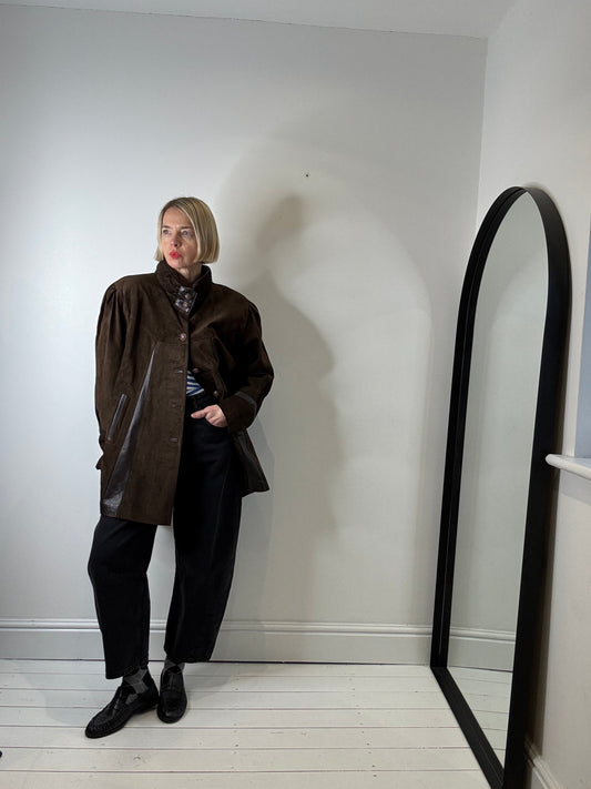 vintage suede leather brown Italian swing coat jacket 80's women's preloved