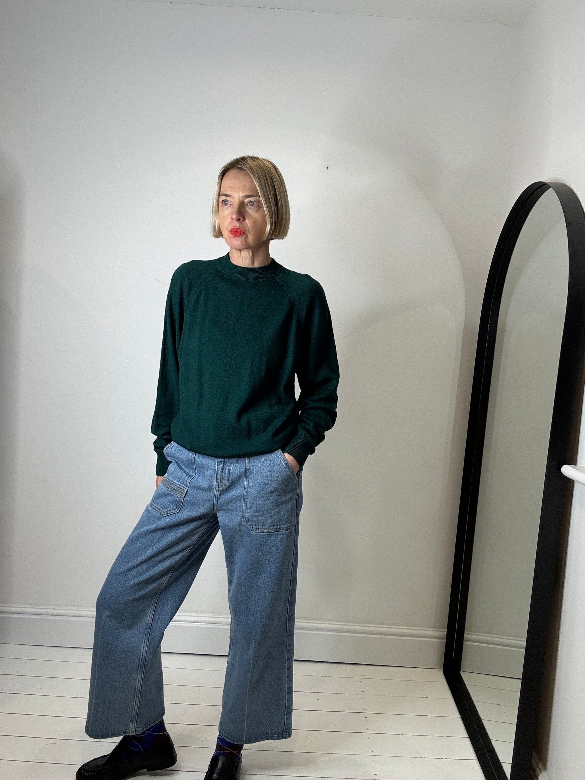 pure wool forest green turtle mock neck jumper long sleeve preloved women's knitwear
