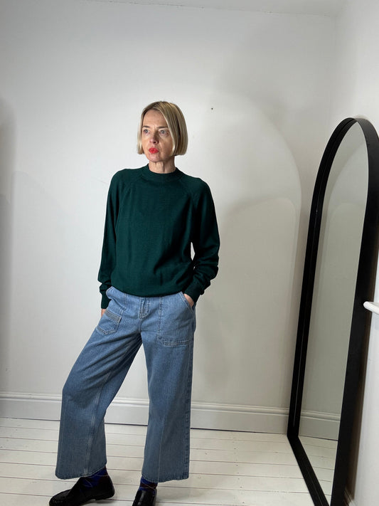 pure wool forest green turtle mock neck jumper long sleeve preloved women's knitwear