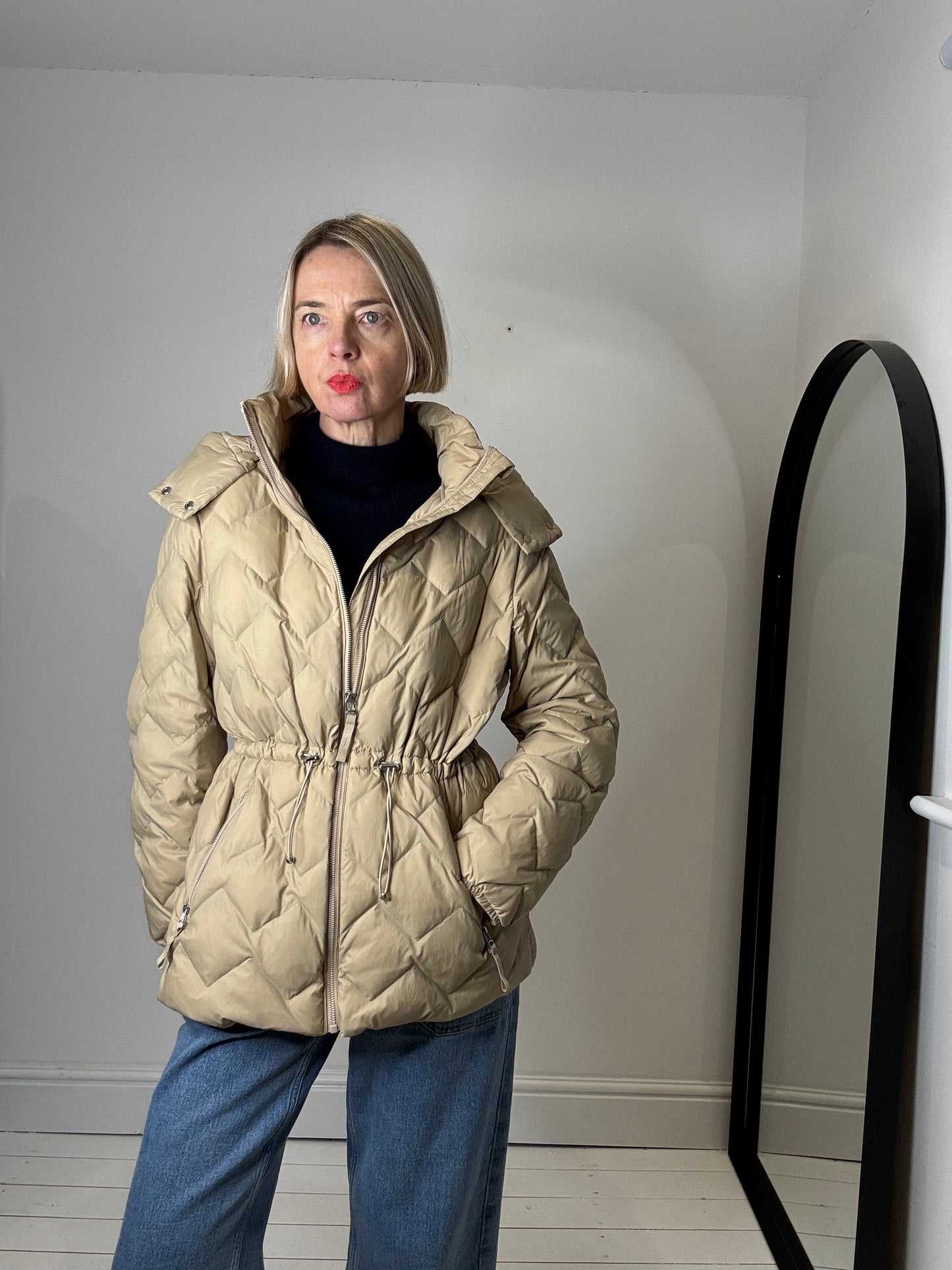 down filled puffer jacket detachable hood light weight beige quilted women's outerwear jacket coat fashion marks and spencers