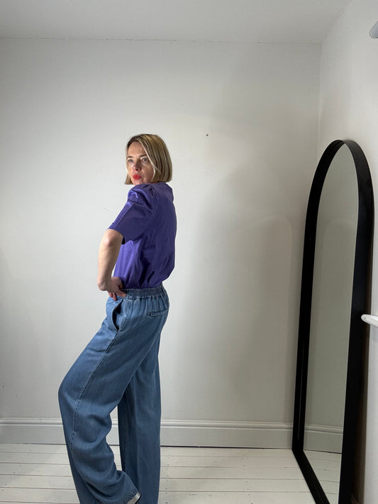 Wide leg denim trousers