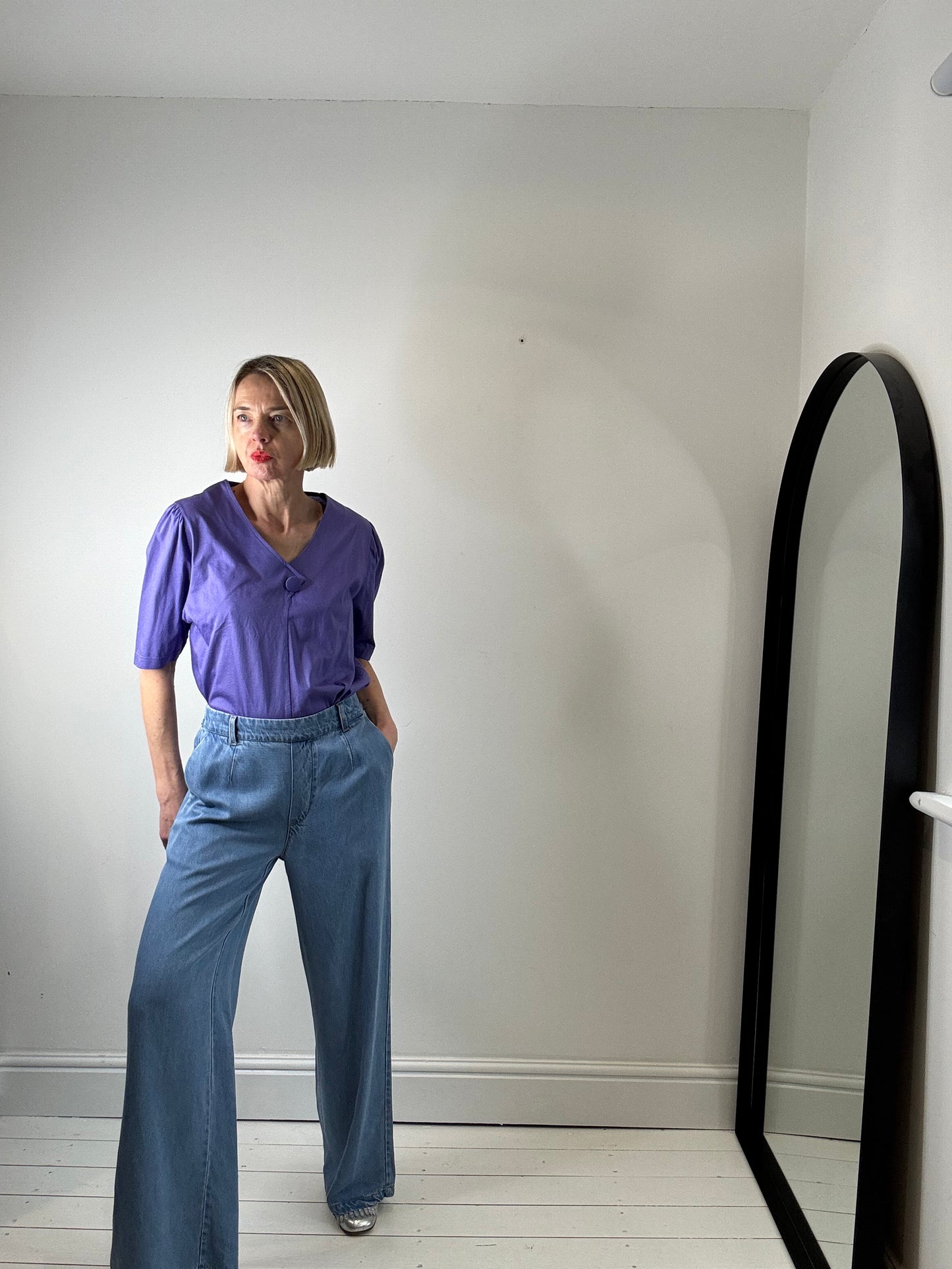 Wide leg denim trousers
