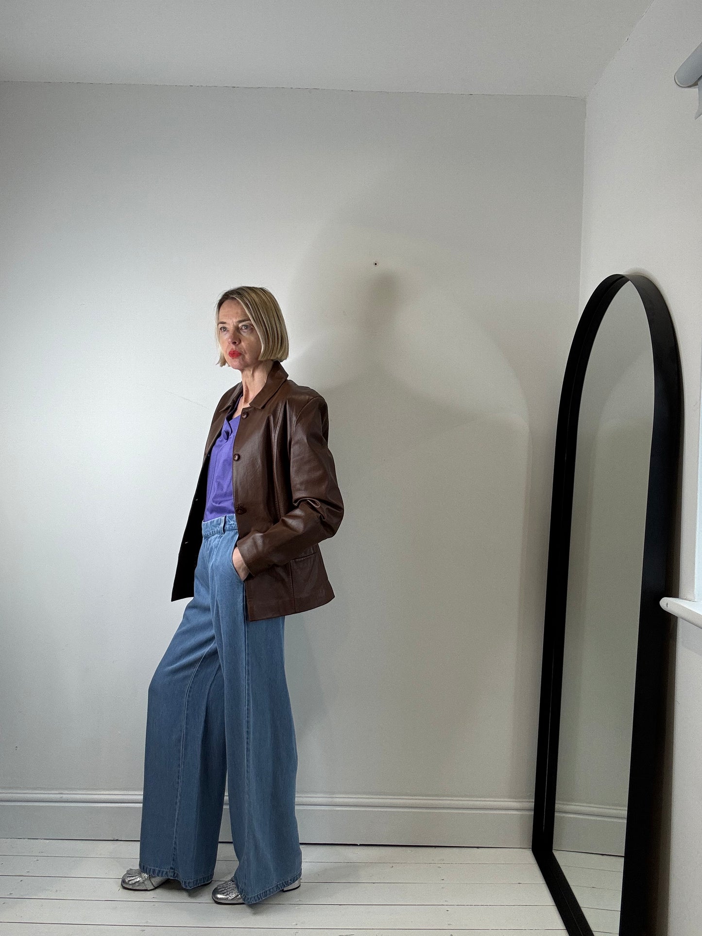 Wide leg denim trousers